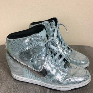 Nike Womens Dunk Sky Hi QS Disco Ball Size 8 Silverish/aqua Hidden Wedge